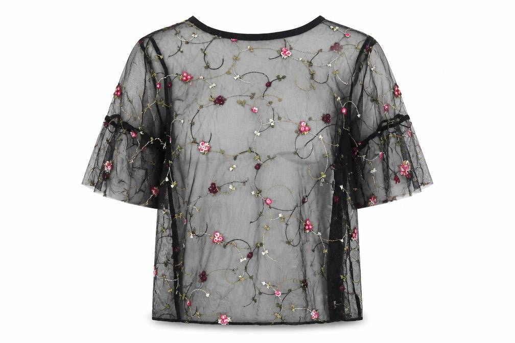 Chic Coral Womens Multicoloured Floral Polyester Tunic Blouse Size 10 Round Neck - Embroidered Flowers
