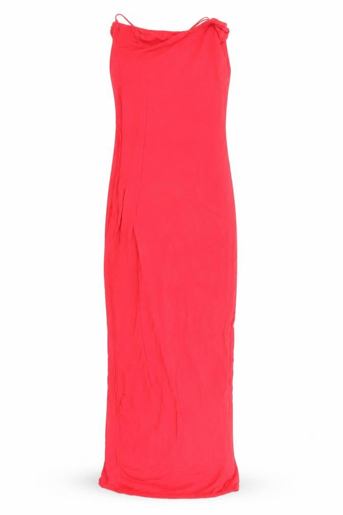 Front view of Misguided women’s red viscose maxi, size S, off the shoulder