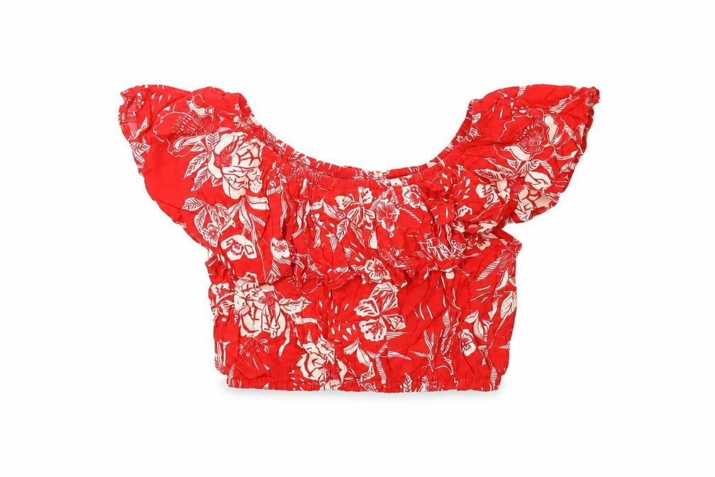 New Look Womens Red Floral Viscose Cropped T-Shirt Size 6 Off the Shoulder