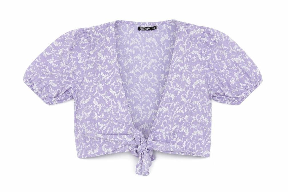 Nasty Gal Womens Purple Floral Polyester Wrap T-Shirt Size 8 V-Neck