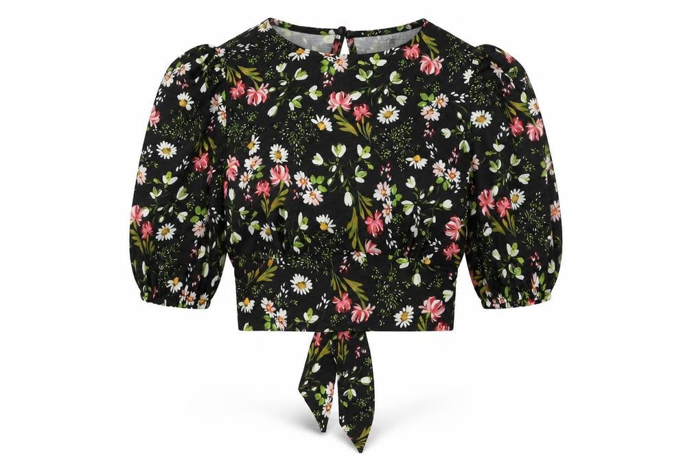 Miss Selfridge Womens Black Floral Polyester Cropped T-Shirt Size 6 Round Neck