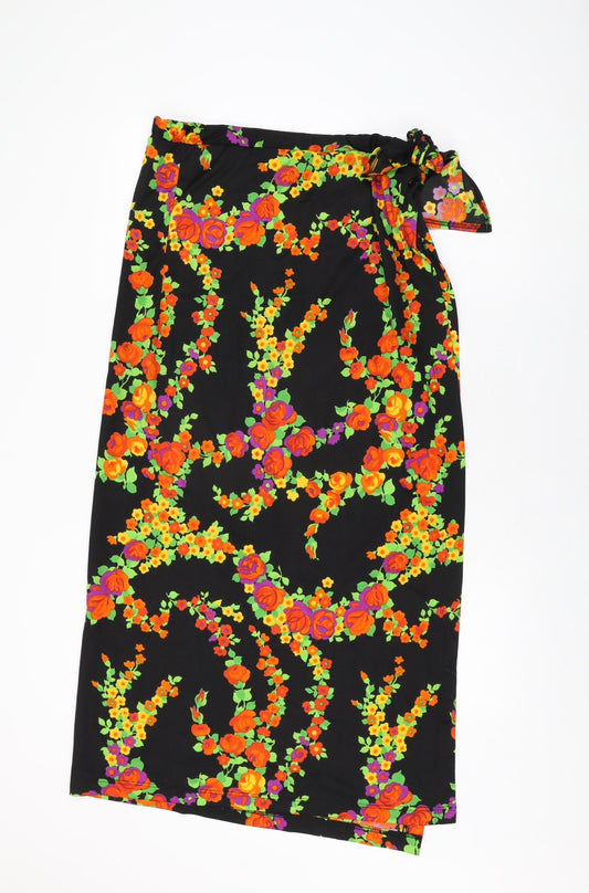 Jer-Sea Womens Black Floral Polyester Wrap Skirt Size 14 Button