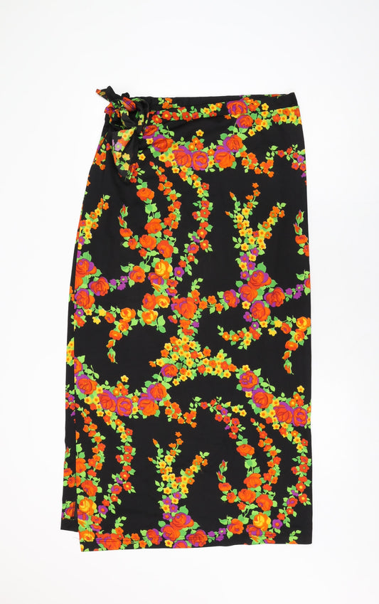 Jer-Sea Womens Black Floral Polyester Wrap Skirt Size 14 Button