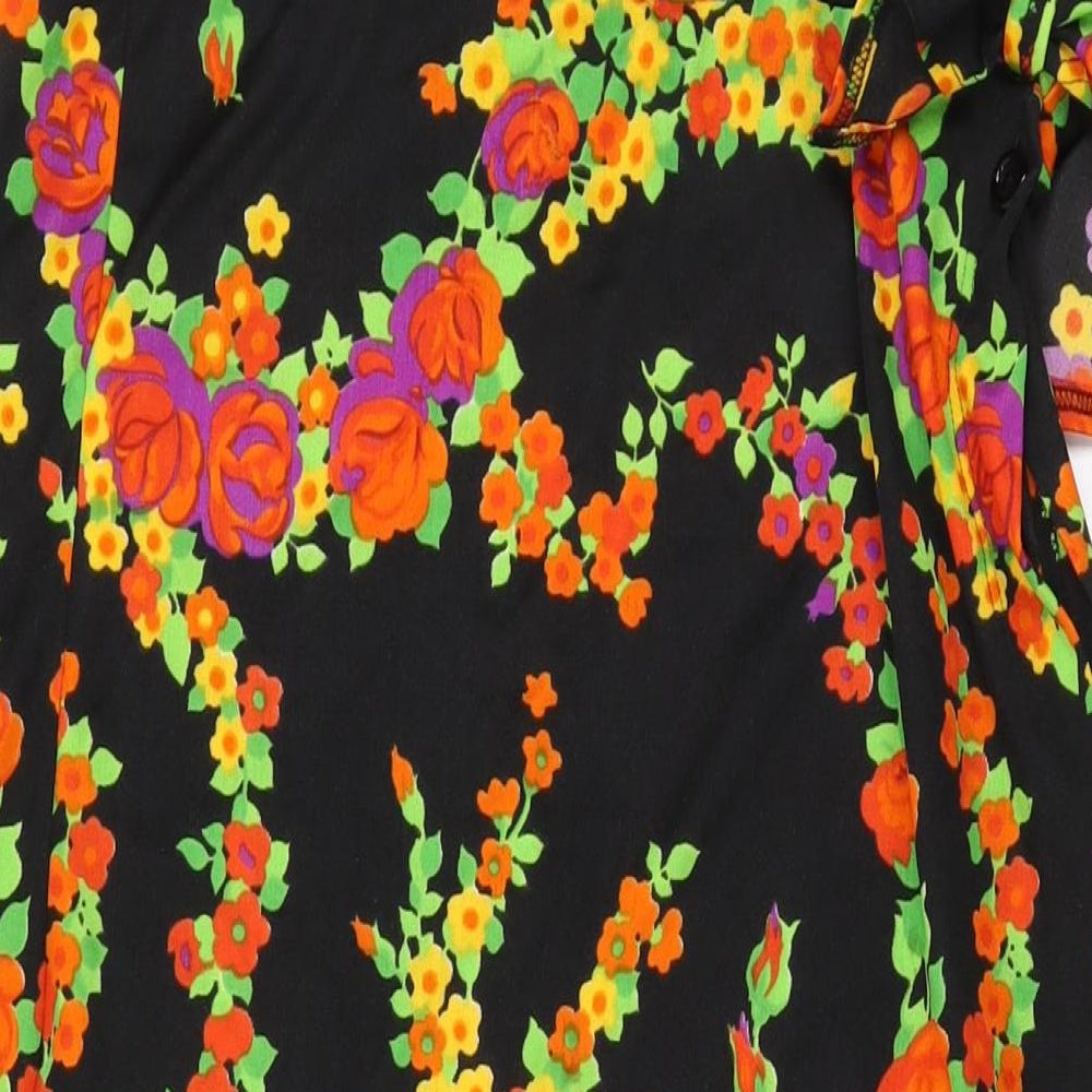 Jer-Sea Womens Black Floral Polyester Wrap Skirt Size 14 Button