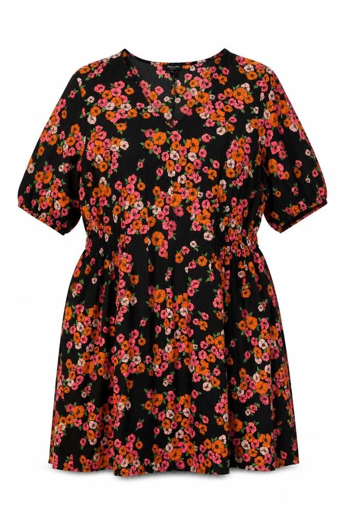 Front view of JD Williams women’s black floral polyester a-line, size UK 20, v-neck pullover
