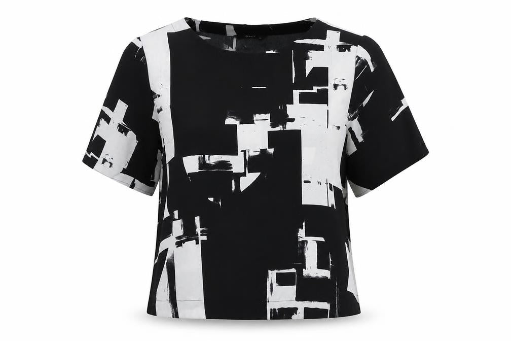 Only Womens Black Geometric Polyester Basic Blouse Size 12 Round Neck