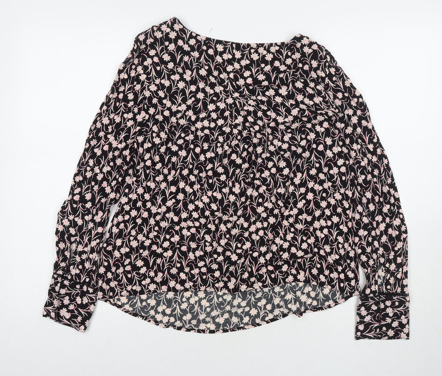 Marks and Spencer Womens Black Floral Viscose Basic Blouse Size 12 Round Neck