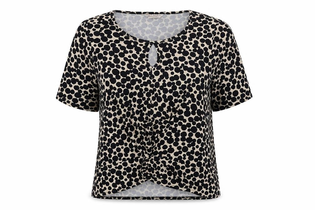 Front view of Kaleidoscope women’s black polka dot polyester basic blouse, size UK 12, round neck