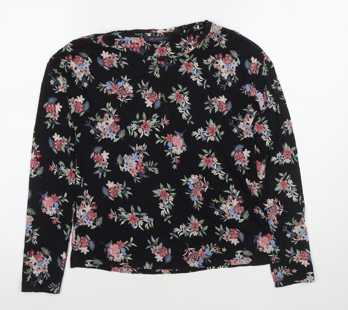 Marks and Spencer Womens Black Floral Viscose Basic Blouse Size 8 Round Neck