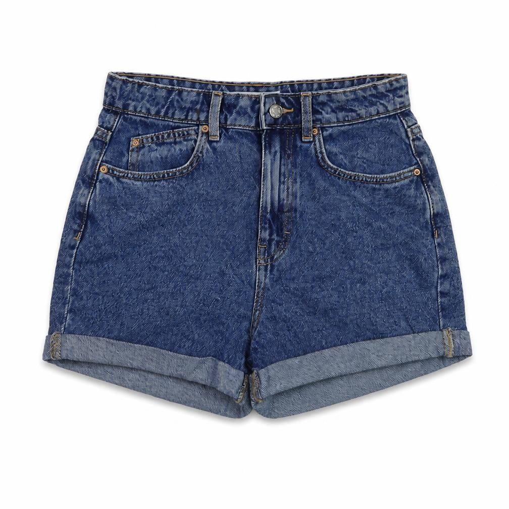 Front view of Denim & Co. women’s beige cotton mom shorts, size UK 8, 3-inch leg regular button
