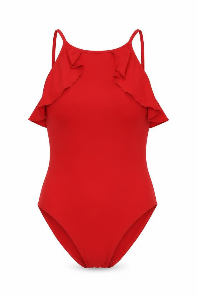 Front view of Miss Selfridge women’s red polyester bodysuit one-piece, size UK 10, snap