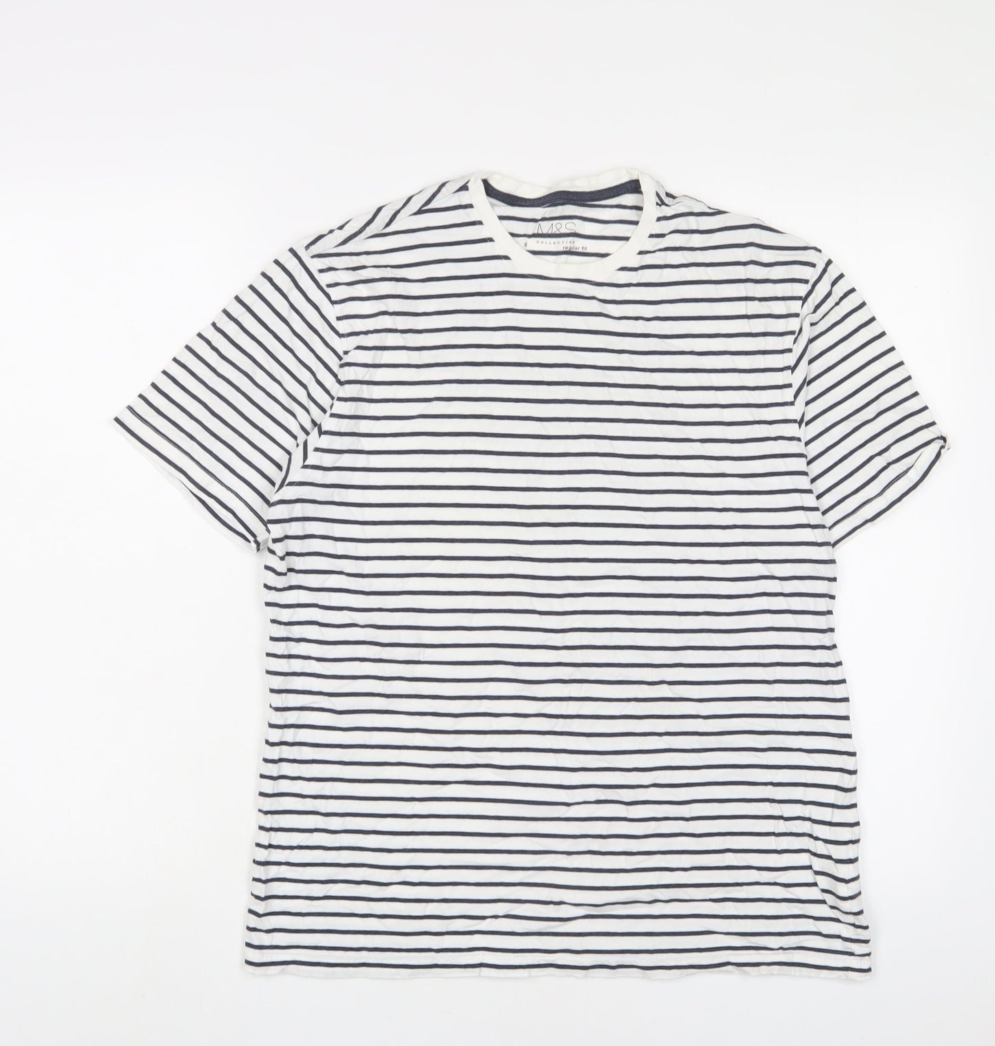 Marks and Spencer Womens White Striped Cotton Basic T-Shirt Size S Crew Neck