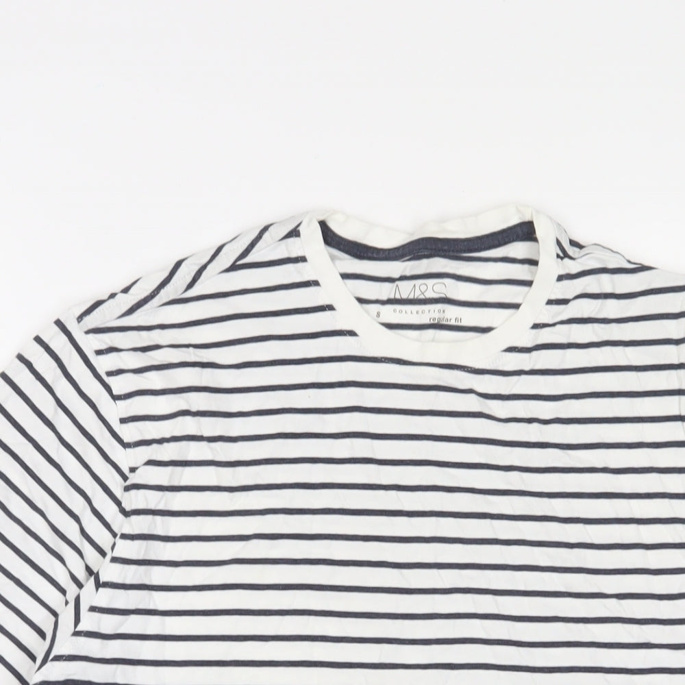 Marks and Spencer Womens White Striped Cotton Basic T-Shirt Size S Crew Neck