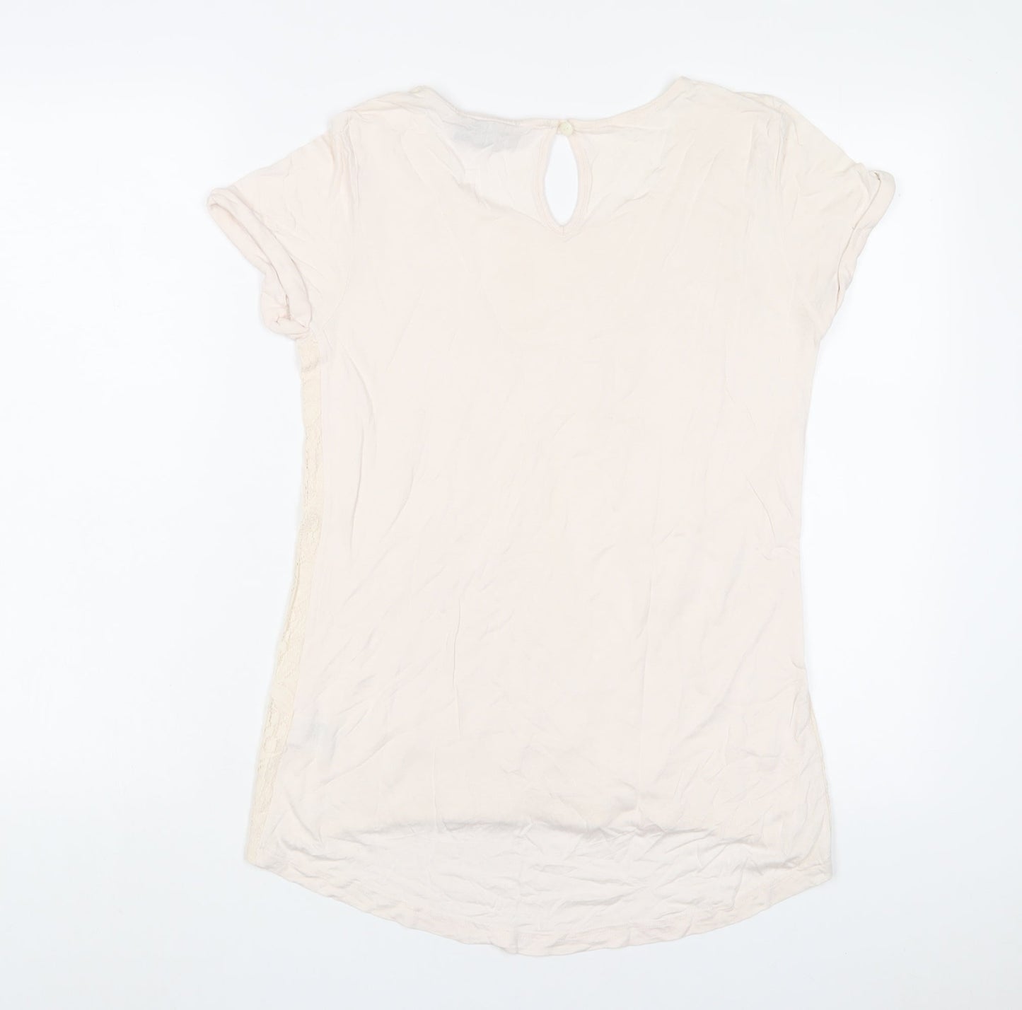 Warehouse Womens Beige Viscose Basic T-Shirt Size 10 Crew Neck - Embroidered