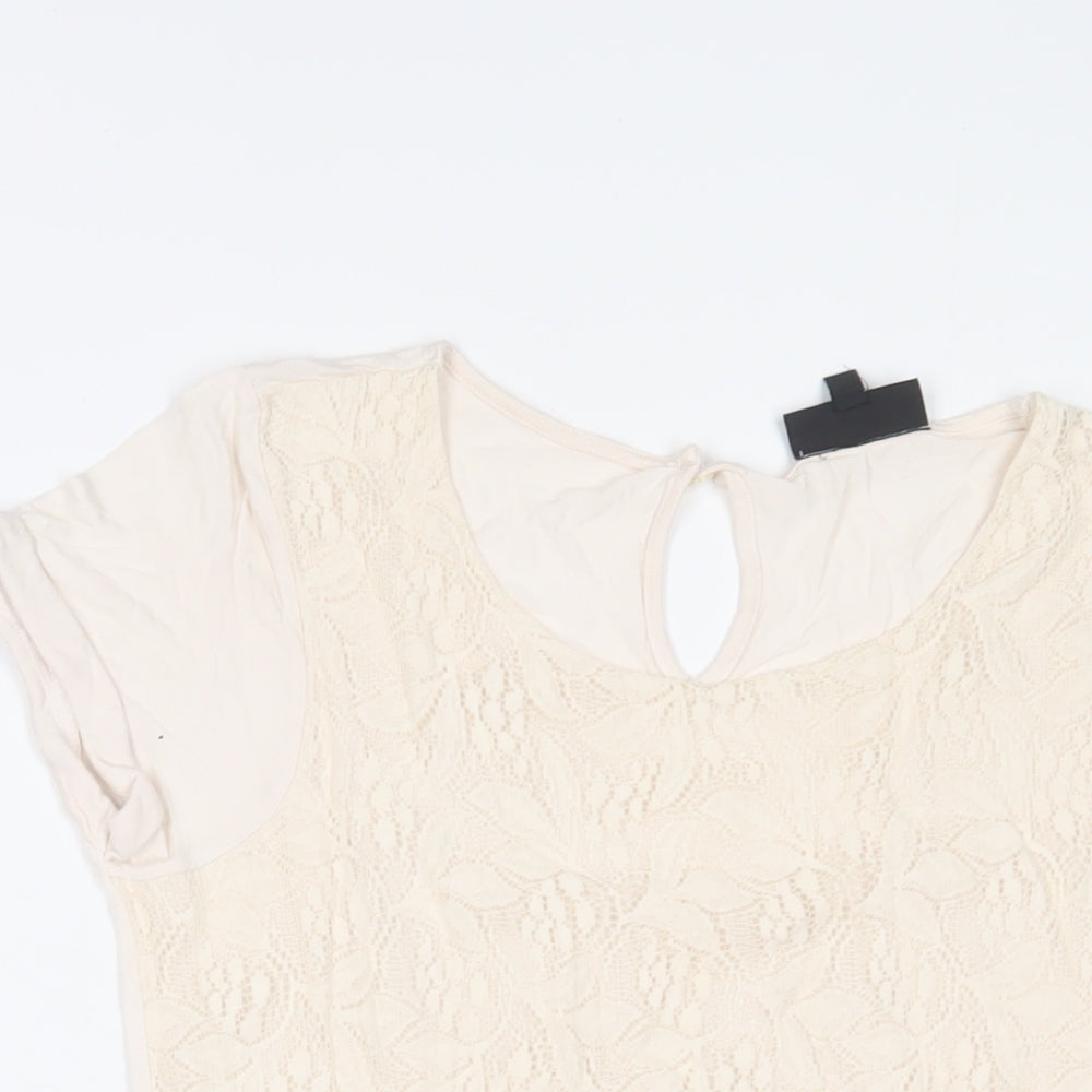 Warehouse Womens Beige Viscose Basic T-Shirt Size 10 Crew Neck - Embroidered