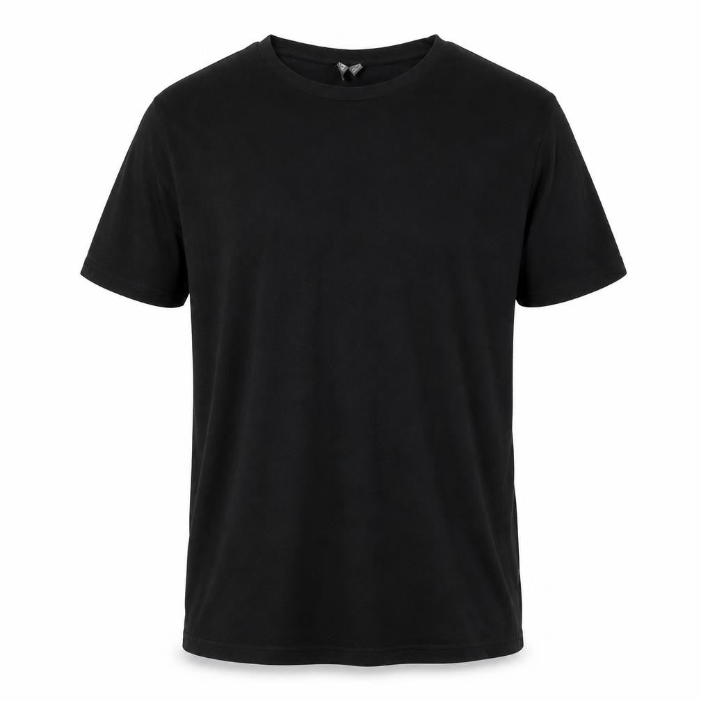 Front view of ASOS men’s black cotton t-shirt, size L, crew neck