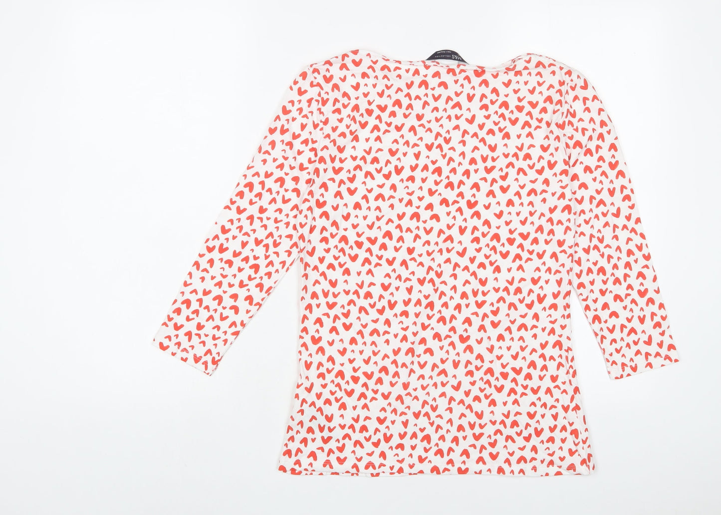 Marks and Spencer Womens Red Geometric Cotton Basic T-Shirt Size 10 Boat Neck - Hearts