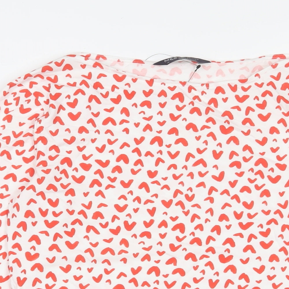 Marks and Spencer Womens Red Geometric Cotton Basic T-Shirt Size 10 Boat Neck - Hearts