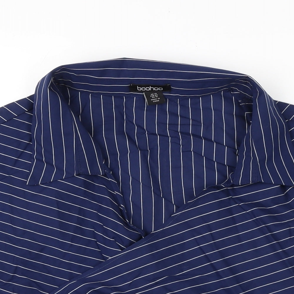 Boohoo Womens Blue Herringbone Cotton Cropped Blouse Size 14 V-Neck