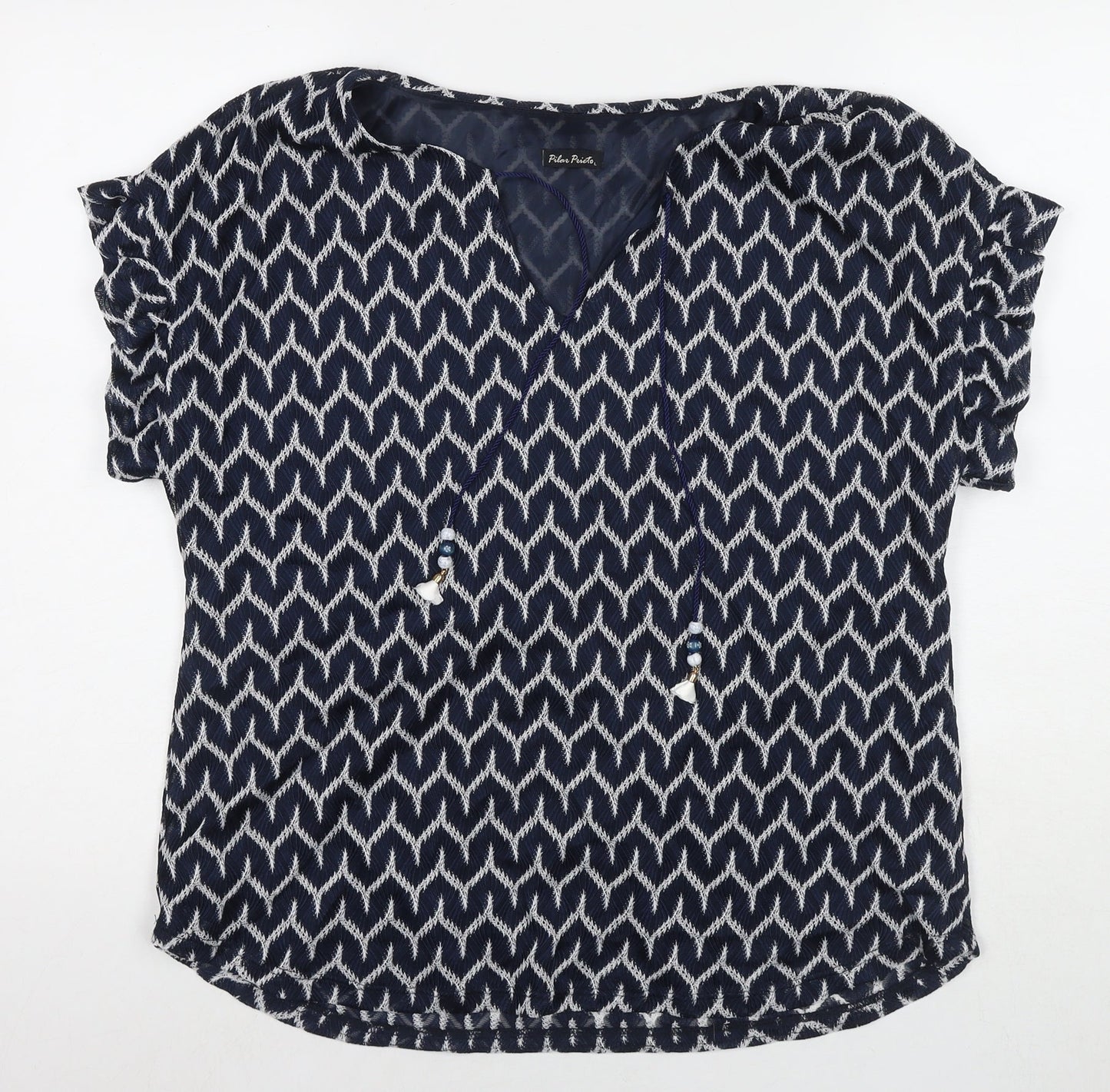 Pilar Prieto Womens Black Geometric Polyester Basic T-Shirt Size L Round Neck