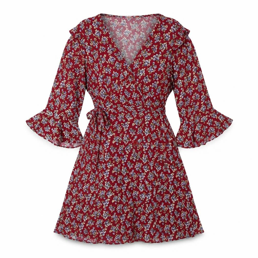 Pink Polkadot Womens Red Floral Rayon A-Line Size L V-Neck Zip