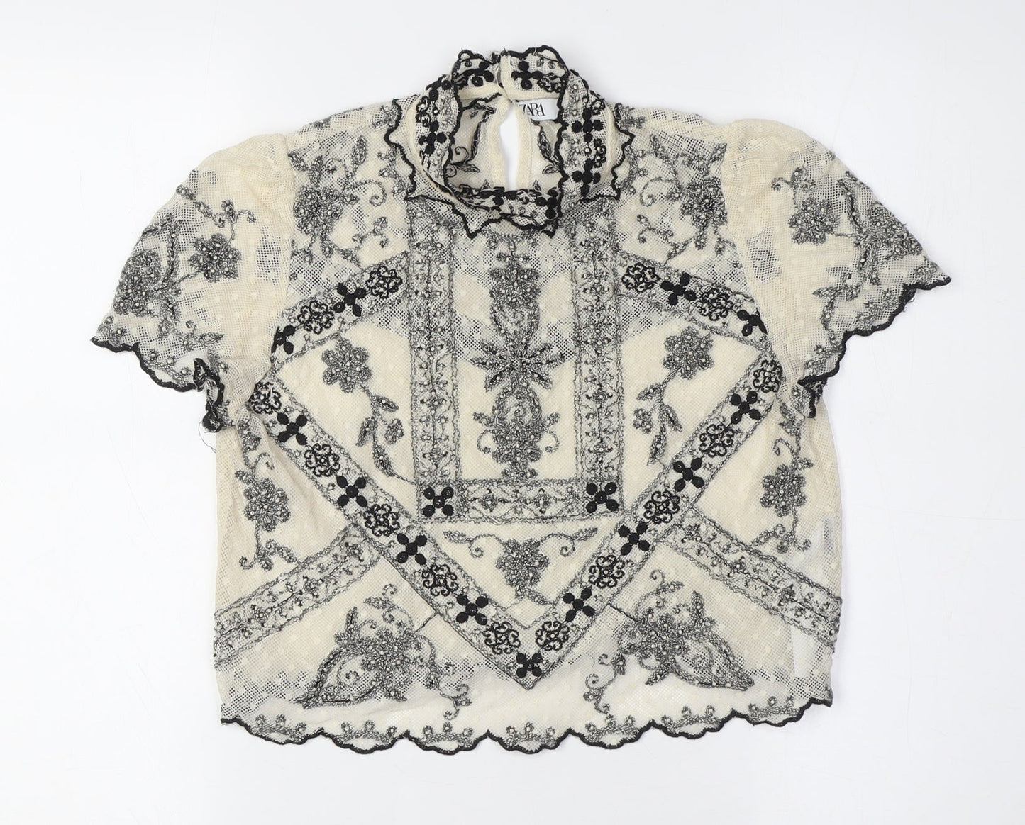 Zara Womens Ivory Polyester Cropped Button-Up Size S Mock Neck - Lace
