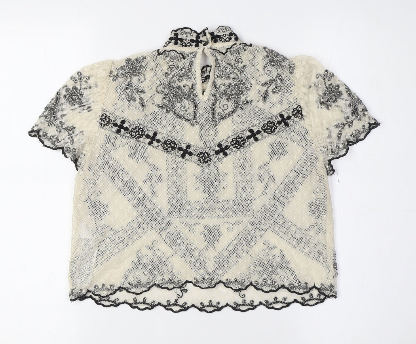 Zara Womens Ivory Polyester Cropped Button-Up Size S Mock Neck - Lace
