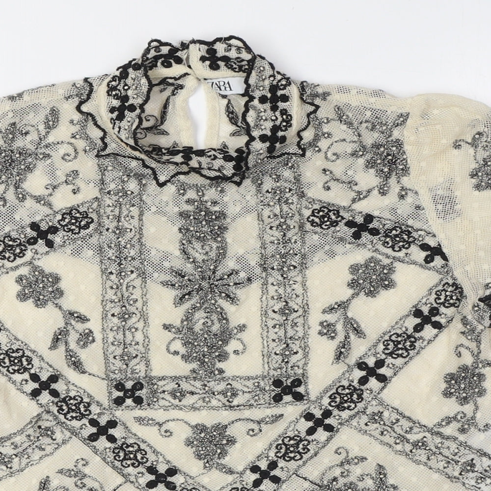 Zara Womens Ivory Polyester Cropped Button-Up Size S Mock Neck - Lace