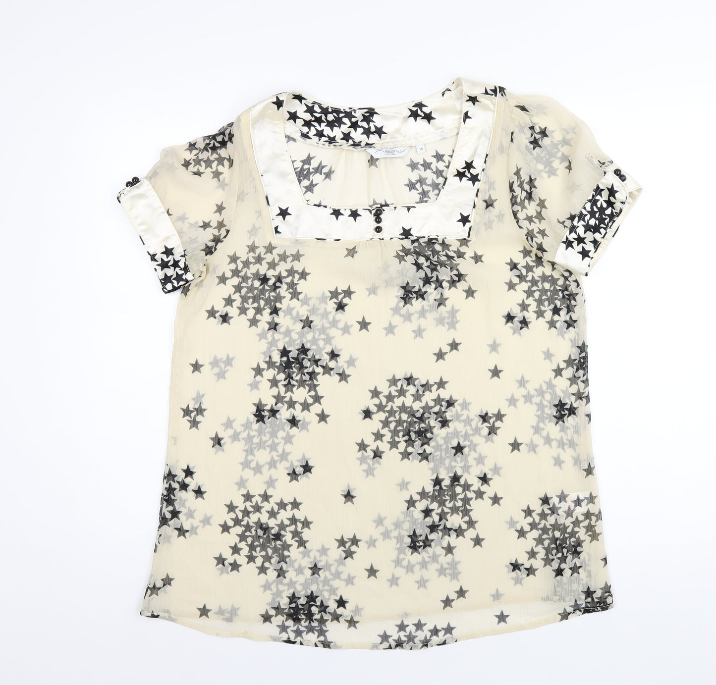 New Look Womens Ivory Geometric Polyester Basic T-Shirt Size 14 Square Neck