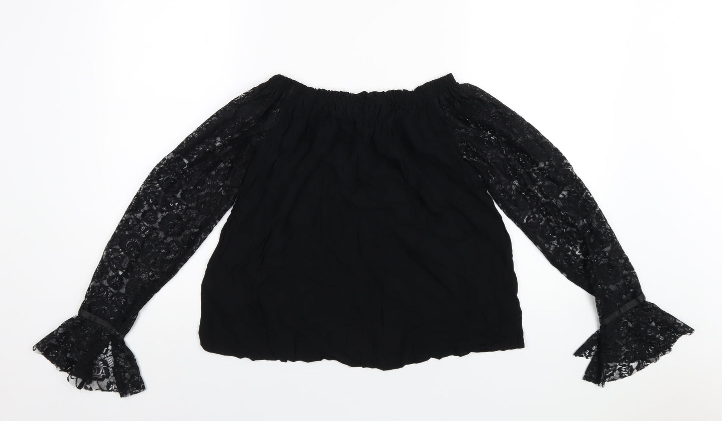 Marks and Spencer Womens Black Viscose Basic T-Shirt Size 10 Boat Neck - Lace Sleeves