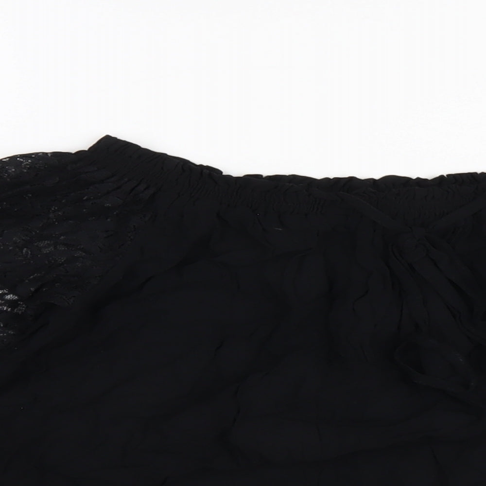 Marks and Spencer Womens Black Viscose Basic T-Shirt Size 10 Boat Neck - Lace Sleeves