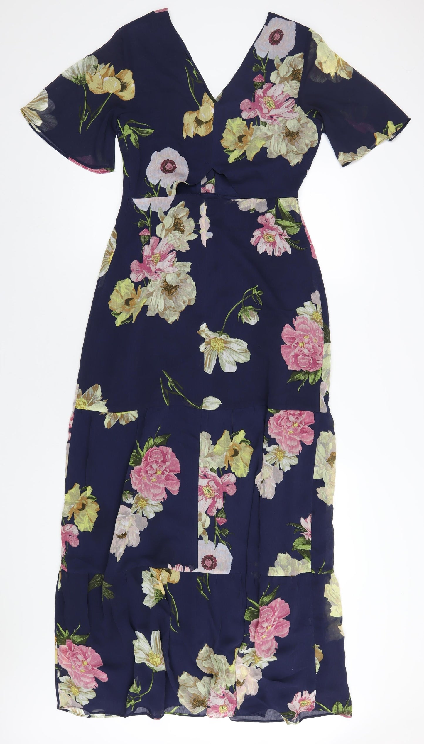 Warehouse Womens Blue Floral Polyester A-Line Size 10 V-Neck Zip