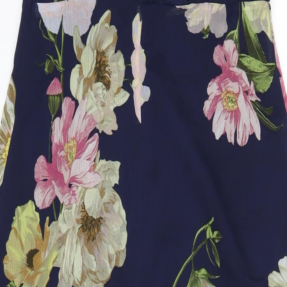 Warehouse Womens Blue Floral Polyester A-Line Size 10 V-Neck Zip