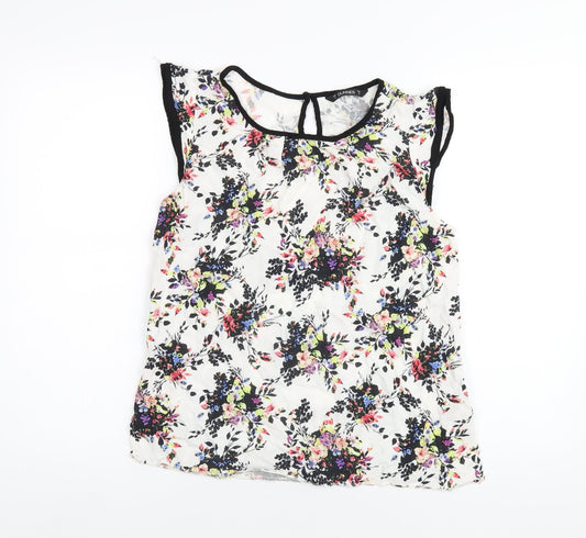 Dunnes Stores Womens White Floral Viscose Basic T-Shirt Size 12 Round Neck