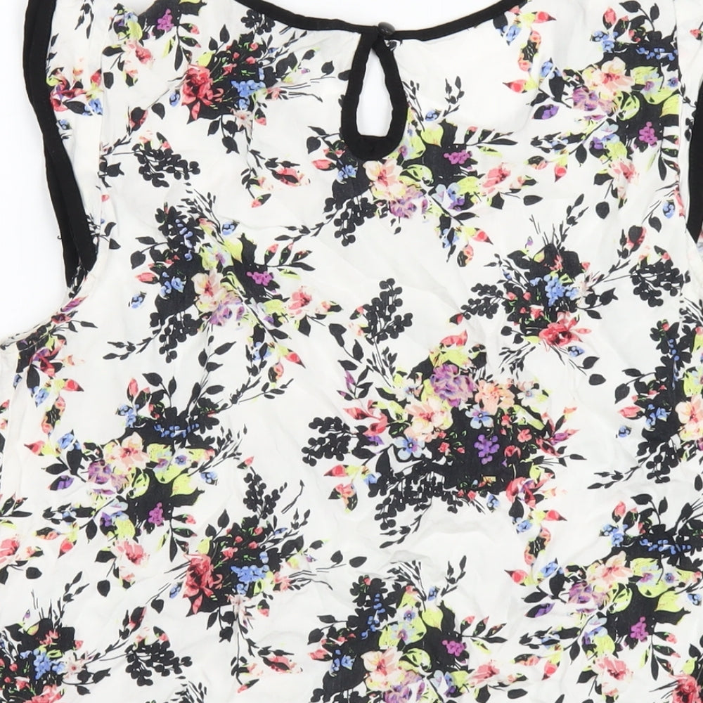Dunnes Stores Womens White Floral Viscose Basic T-Shirt Size 12 Round Neck