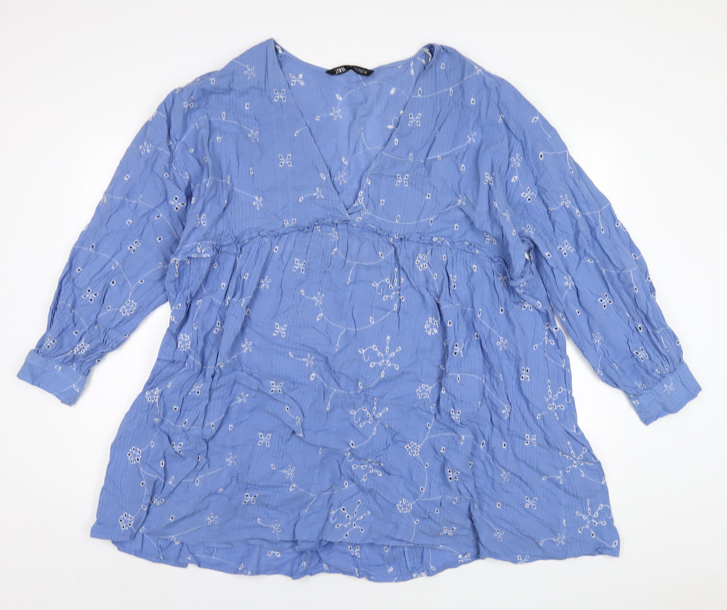 Zara Womens Blue Cotton A-Line Size XL V-Neck Pullover