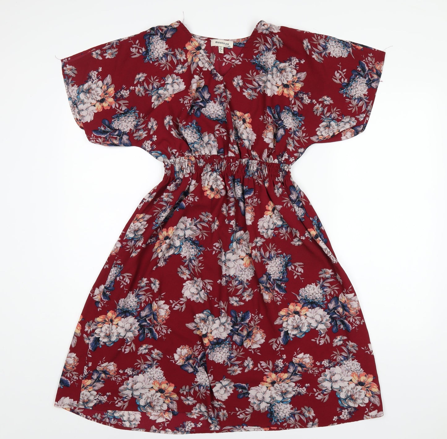 Monteau Womens Red Floral Polyester A-Line Size L Round Neck Pullover