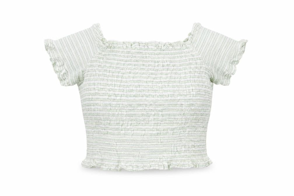 Zara Womens Green Striped Cotton Cropped T-Shirt Size S Off the Shoulder