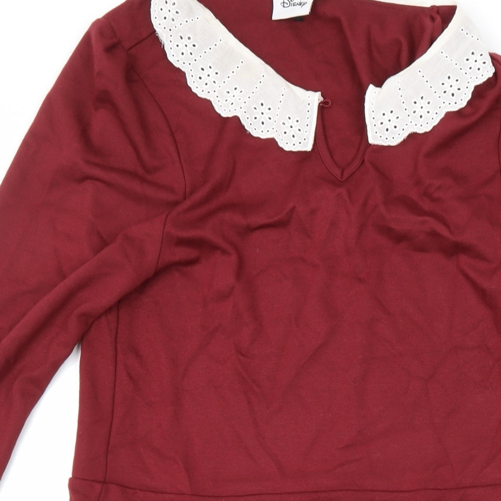 Disney Womens Red Houndstooth Viscose A-Line Size M Collared Button - Lace Details