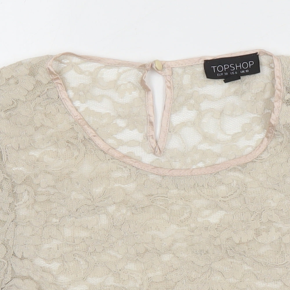 Topshop Womens Beige Nylon Cropped Blouse Size 10 Round Neck