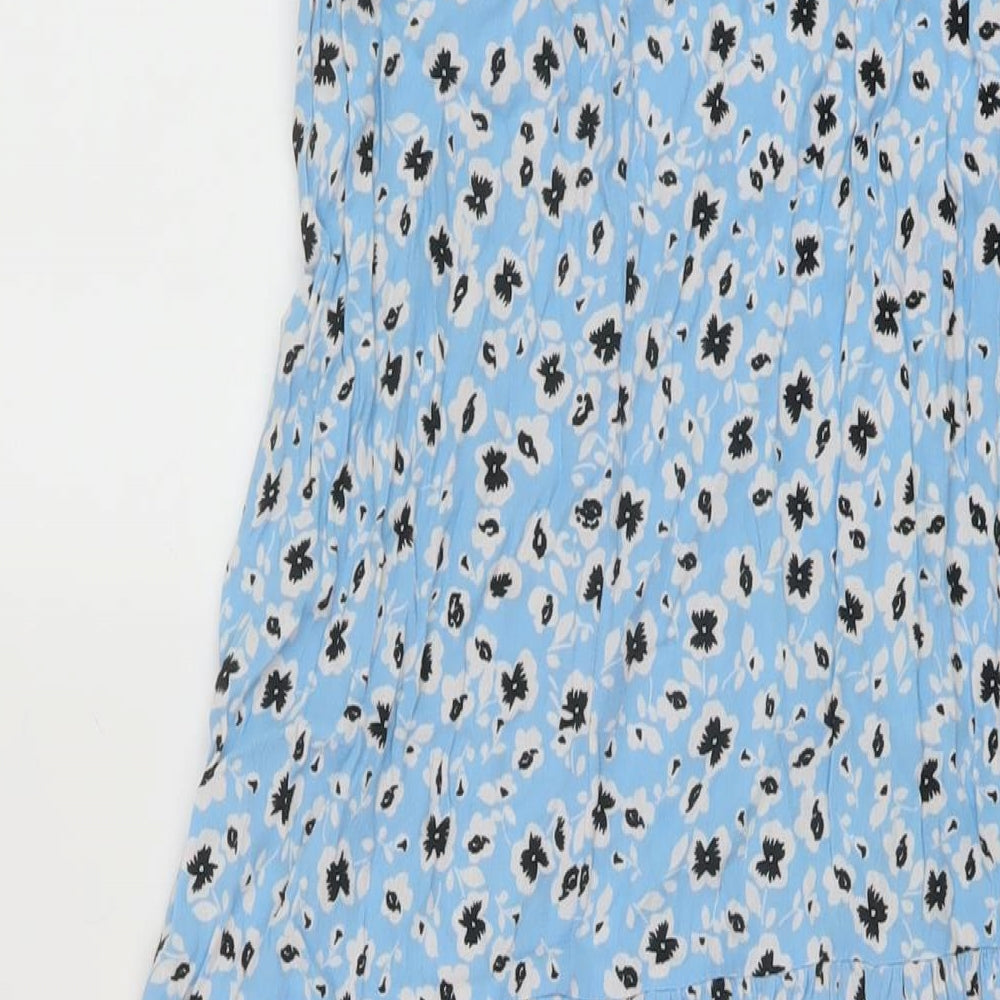 Topshop Womens Blue Floral Viscose A-Line Size 8 Mock Neck Button