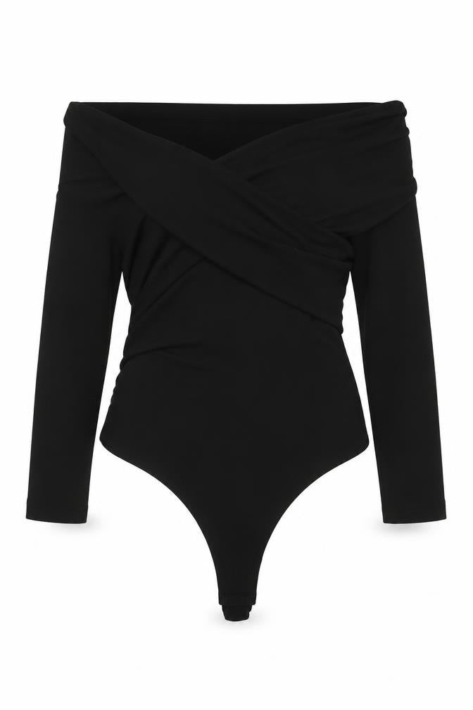 Front view of ASOS women’s black vinyl bodysuit one-piece, size UK 10, snap
