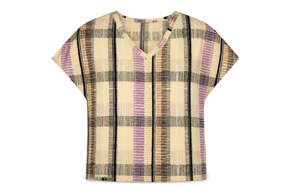 Marks and Spencer Womens Beige Plaid Polyester Basic T-Shirt Size 12 V-Neck