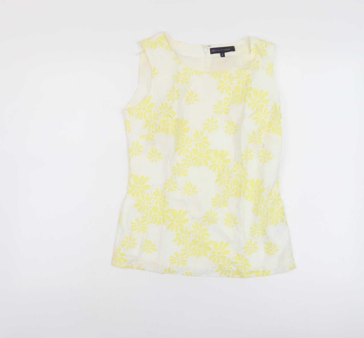 Marks and Spencer Womens White Floral Cotton Basic Tank Size 6 Round Neck