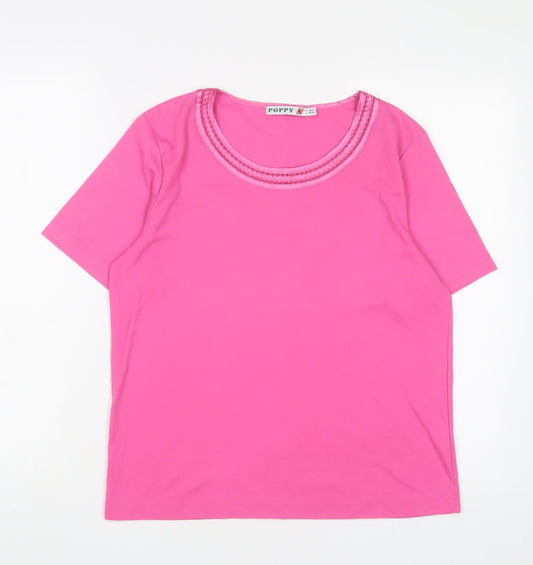 Poppy Womens Pink Cotton Basic T-Shirt Size 12 V-Neck - Embroidered