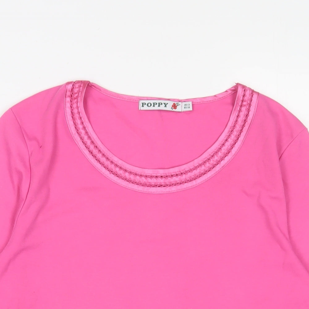 Poppy Womens Pink Cotton Basic T-Shirt Size 12 V-Neck - Embroidered
