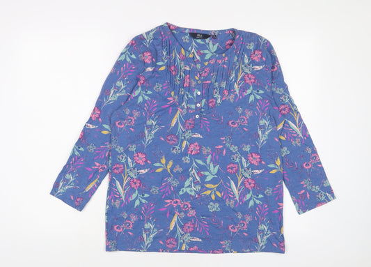 EWM Womens Blue Floral Cotton Basic T-Shirt Size M V-Neck - Pleated