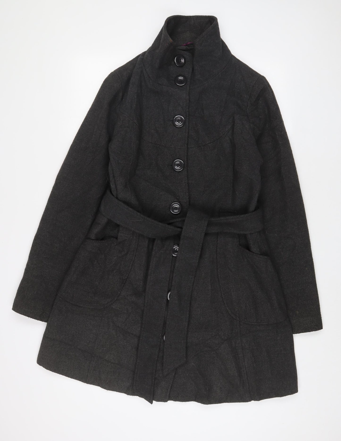 Miso Womens Grey Overcoat Coat Size 14 Button - Belted