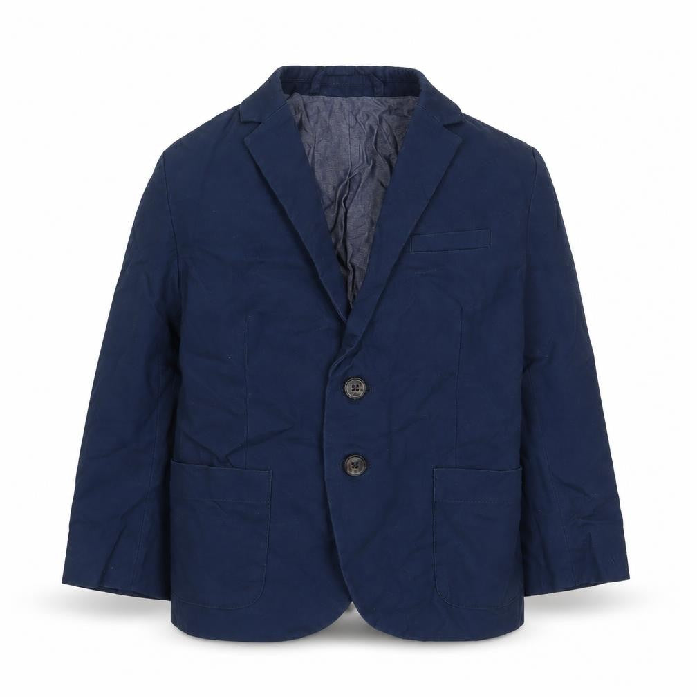 Front view of H&M boys’ blue jacket blazer, size 2-3, years button