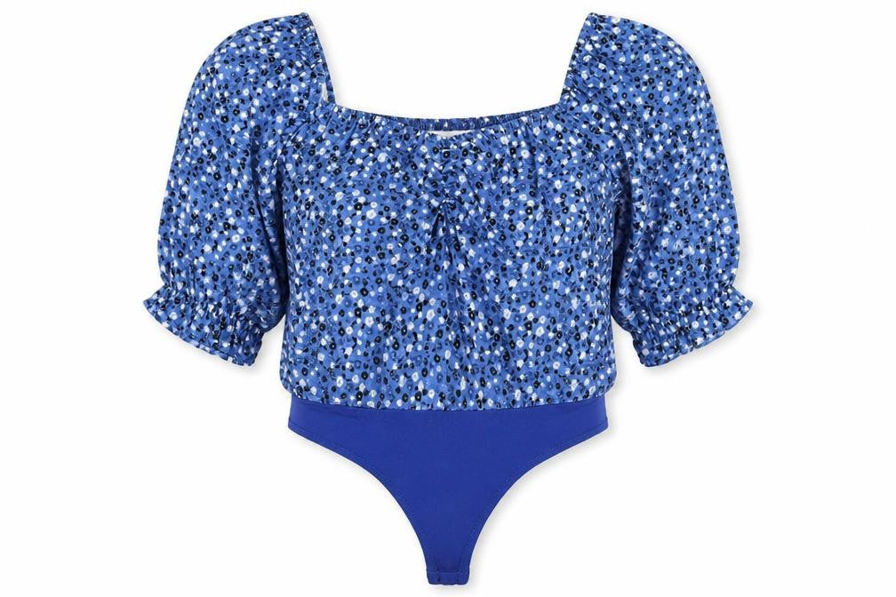 In the Style Womens Blue Floral Polyester Bodysuit One-Piece Size 16 Snap